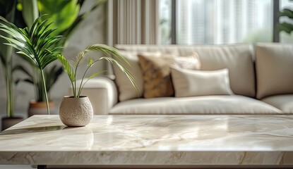 Modern living room, coffee table with potted plant.  Soft beige tones,  natural light, and lush greenery