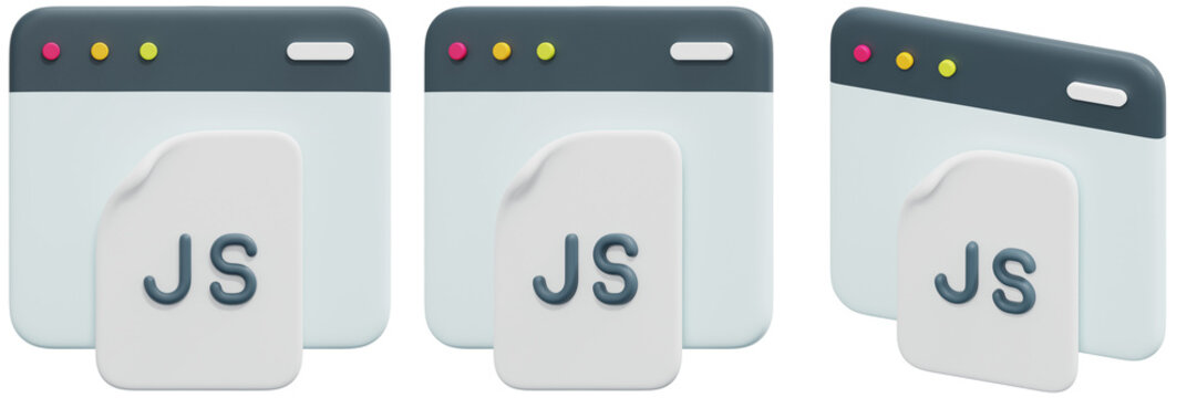 Set of 3D JavaScript File Icons with Browser Window Frames 3d Render Icon Illustration