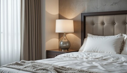 Bedroom fragment: nightstand, lamp, vase. Empty left part of the frame for copy. Soft lighting.