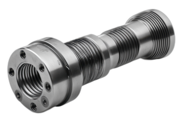Stainless steel threaded fitting with detailed grooves and screw threads isolated on transparent background.