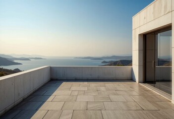Open terrace with horizon view and negative space for text overlay.