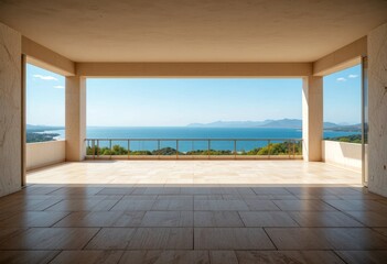 Open terrace with horizon view and negative space for text overlay.