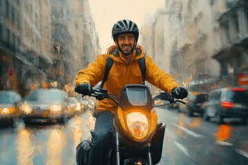 Smiling man wearing a yellow jacket and helmet riding a motorbike on a wet city street with blurred buildings and traffic in the background