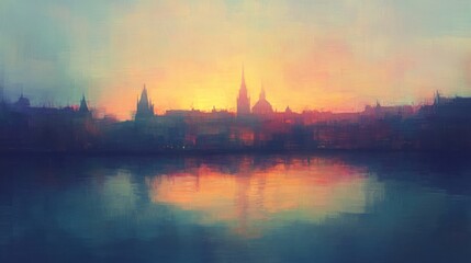 Naklejka premium Serene cityscape reflection on water at dusk with warm and cool tones