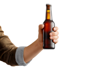 Hand holding a bottle, isolated on a transparent background