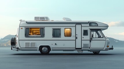 White recreational vehicle camper parked with interior lights on during early evening with mountains in the background