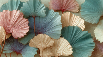 A close-up view of a collection of fan-shaped leaves, predominantly in shades of pale blue and light pink. 