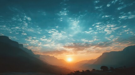 Dreamy Sunset Over Remote Ridge with Streaked Clouds and Vibrant Land Below