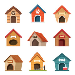 Dog house icon set collection in flat style. Pet home vector illustration on isolated background. Animal shelter sign business concept.