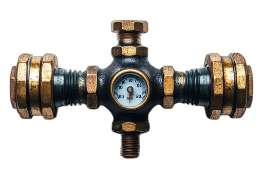 Pressure gauge with black dial, red needle, and white markings, isolated on transparent background.