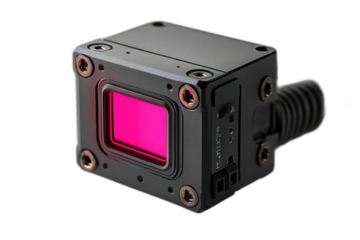 Red laser beam emitting light with glowing effect, isolated on transparent background.