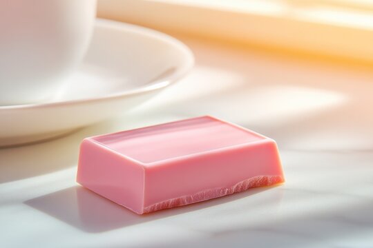 Delicate pink chocolate bar rests beside white cup, radiating tr