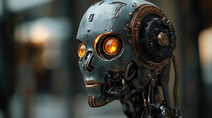 Fototapeta premium detailed close-up side view of a vintage humanoid robot head with glowing orange eyes and intricate mechanical components in a blurred industrial environment