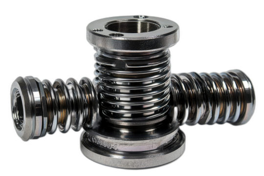 Stainless steel threaded fitting with hexagonal shape and inner threading, isolated on transparent background.