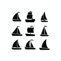 Silhouette sailboat collection in a minimalist grid. Set of boats on white background