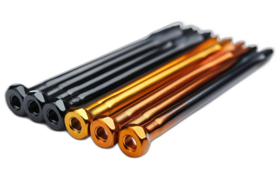 metal tubes in red, blue, green, and yellow colors isolated on transparent background.