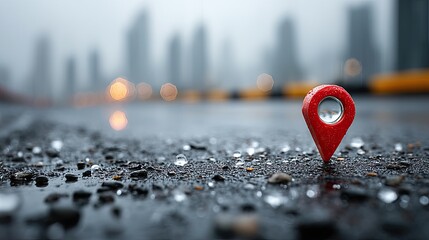 Red location pin stands on asphalt road with blurred city skyline in background, representing concepts of navigation and urban exploration