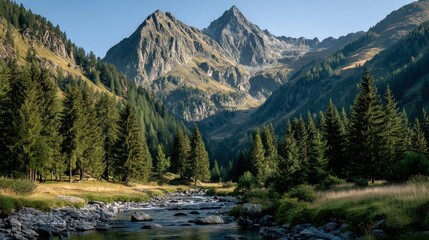 Serene Sunrise Over Mountain Forest with Tranquil Stream and Lush Greenery