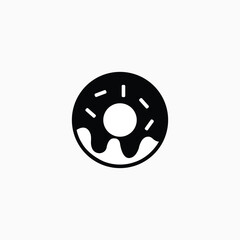 Black and white donut icon with frosting and sprinkles. Silhouette of a donut on white background.