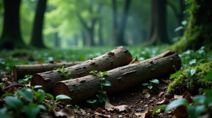 Obraz premium Forest Floor Renewal Sunlit Saplings Emerge Amongst Fallen Logs in a Verdant Woodland