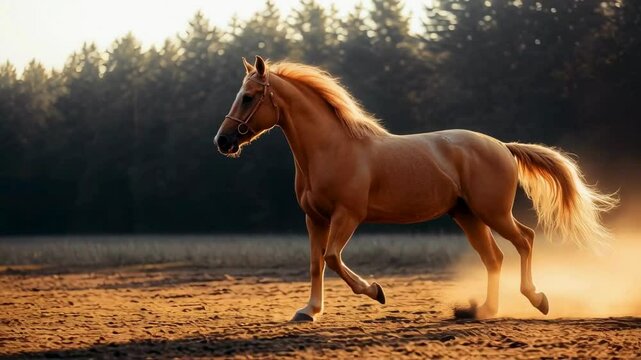 Majestic Palomino Horse Galloping at Sunset