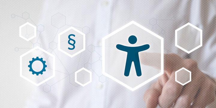 Businessman interacting with digital icons for accessibility, law, and technology. Abstract concept of the European Accessibility Act and inclusive digital transformation in business.