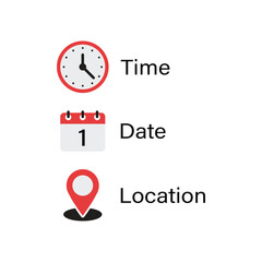 Date, time, location icon in flat style. Event message vector illustration on isolated background. Information sign business concept.