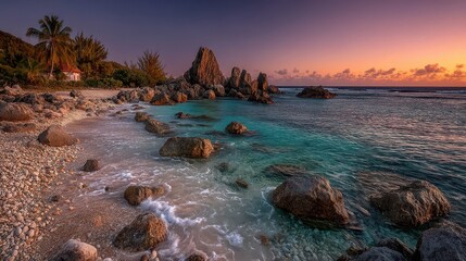 Obraz premium Vivid Tropical Sunset Over Rocks and Beach with Reflecting Colors in Serene Atmosphere