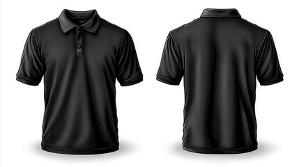 front and back view of a plain black short-sleeve polo shirt with collar and buttons, displayed on a white background