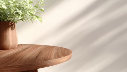 3D Rendering of a Round Wooden Table with a Potted Plant on Top Against a Soft Background Featuring Natural Light Shadows