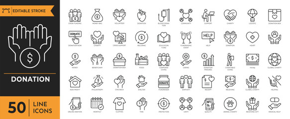 Donation Line icon set. Contain icons related to Donation, charity, support, humanitarian aid, helping, donating, compassion, funding, and more. Editable stroke, Vector illustration