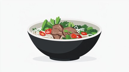 A bowl of steaming noodle soup with beef, red peppers, and fresh herbs
