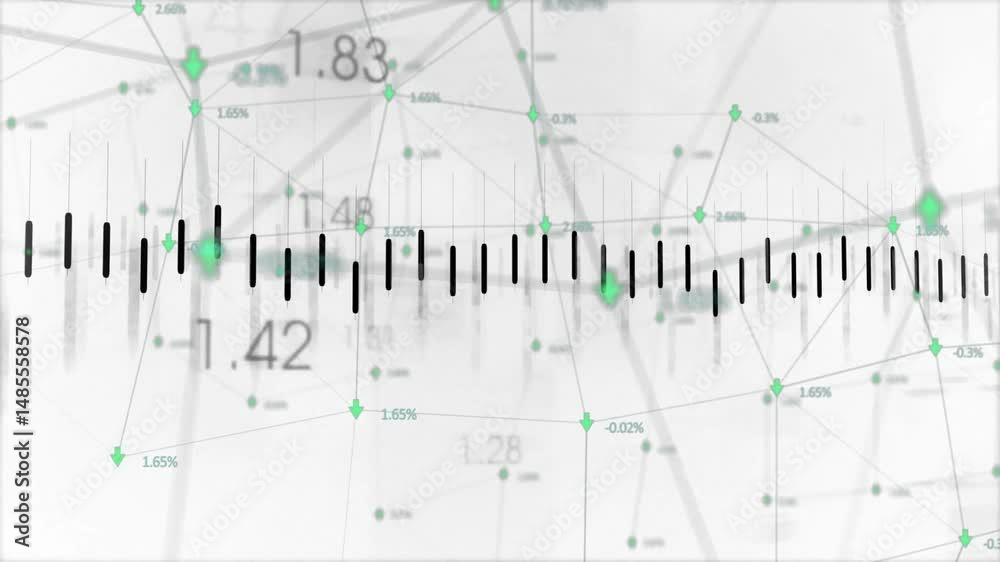 Poster stylized data visualization showing vertical tick bars with green arrows linking nodes and labels
