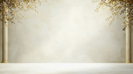 Elegant room featuring a white floor and ornate gold and white wall design creating a luxurious interior atmosphere