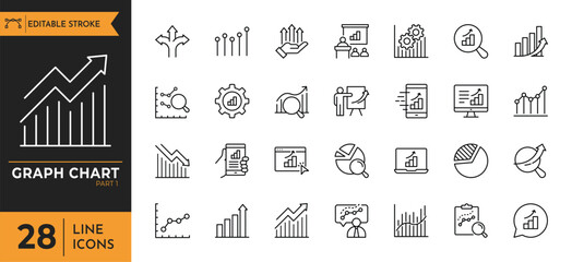 Graph outline icon set. Containing statistics, survey, prediction, analysis, chart, graph, growth, and more. Editable stroke. vector illustration