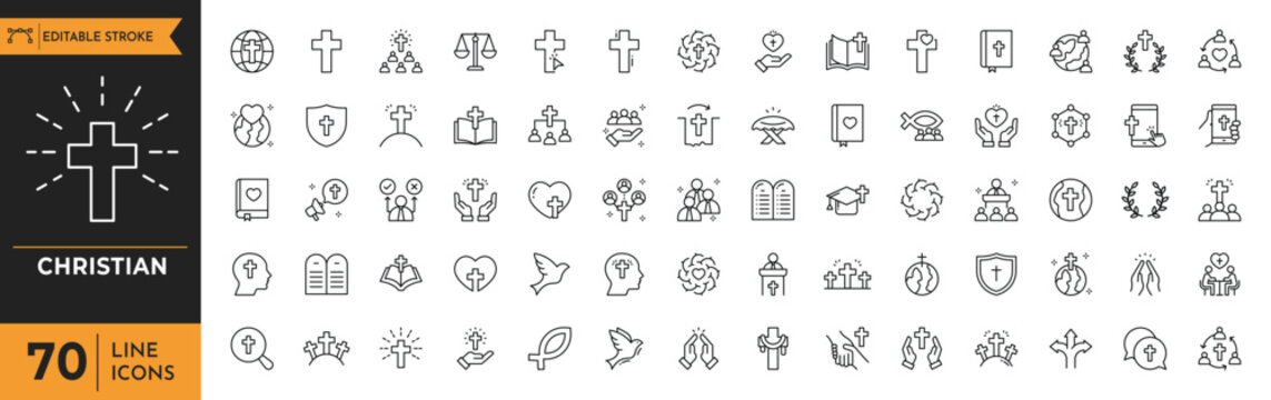 Christian outline icon set. Containing icon related to Christian religion. Linear icon collection. Editable stroke, Vector illustration