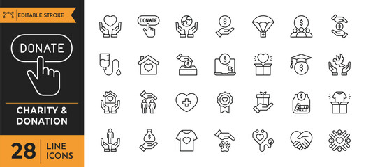 Charity and Donation line icon set. Contain icons related to Help, volunteer, donated, assistance, sharing, solidarity, and more. Linear icon collection. Editable stroke. Vector illustration