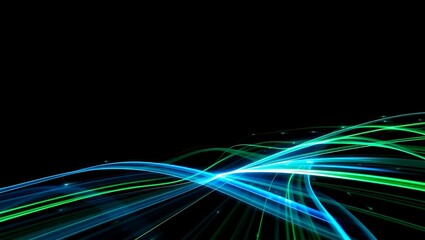 3D abstract wallpaper with high-speed motion blue and green lines against a black tech background, electric pulse effect, vector quality