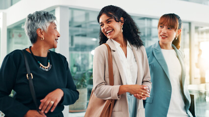 Business women, lobby and walk in office with laughing for corporate joke or commute at workplace....