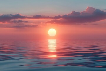 Calm ocean at sunset with vibrant orange and pink sky reflected on gentle water waves under scattered clouds
