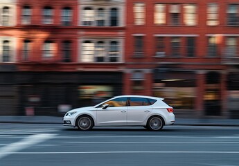 White car moving fast on city street