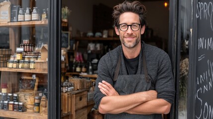 Smiling man stands confidently at the entrance of his cafe, showcasing products and creating a welcoming atmosphere for customers