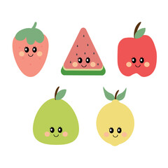 Cute fruits, apple watermelon strawberry lemon and pear, illustration white background