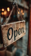 Wooden sign displaying open is hung on a glass door, welcoming visitors to a charming small business with warm ambiance