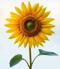 Fototapeta premium Bright yellow sunflower with wide petals and green leaves isolated on a light background with natural vibrant colors