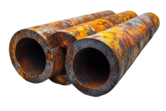 Close-up of large pipes with visible intricate details and industrial markings, isolated on transparent background.