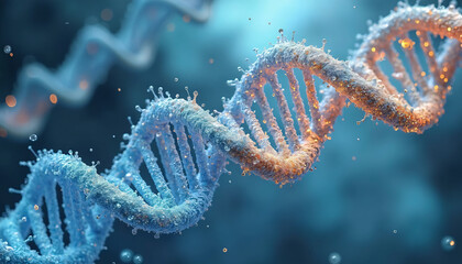 Double Helix DNA Strand with Droplets on Blue Background