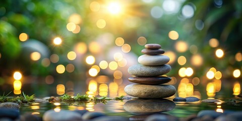 Obraz premium Serene landscape with stacked stones and softly blurred lights creating a peaceful atmosphere, peaceful, calming