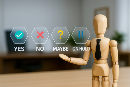 Recruitment decision process with wooden mannequin in office showing yes no maybe on hold options for employment selection
