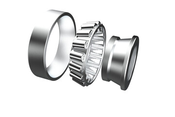 Exploded View Silver Tapered Roller Bearing Showing Inner Outer Races, and Rollers, Disassembled Taper Engineering or Educational Purposes, Separated Parts, Inner Ring, Outer Ring, Tapered Rollers PNG
